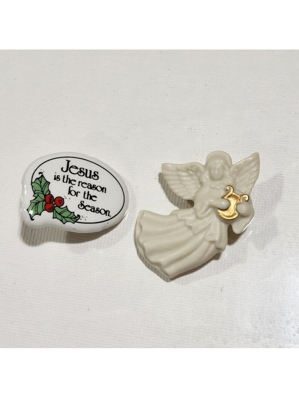Vtg Lot 2 porcelain pinback Pins Lenox Angel / Jesus Holly